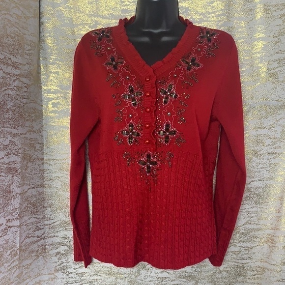 Vintage🧚‍♀️Hot Red sequinned long sleeve pullover sweater size XL - Picture 2 of 10